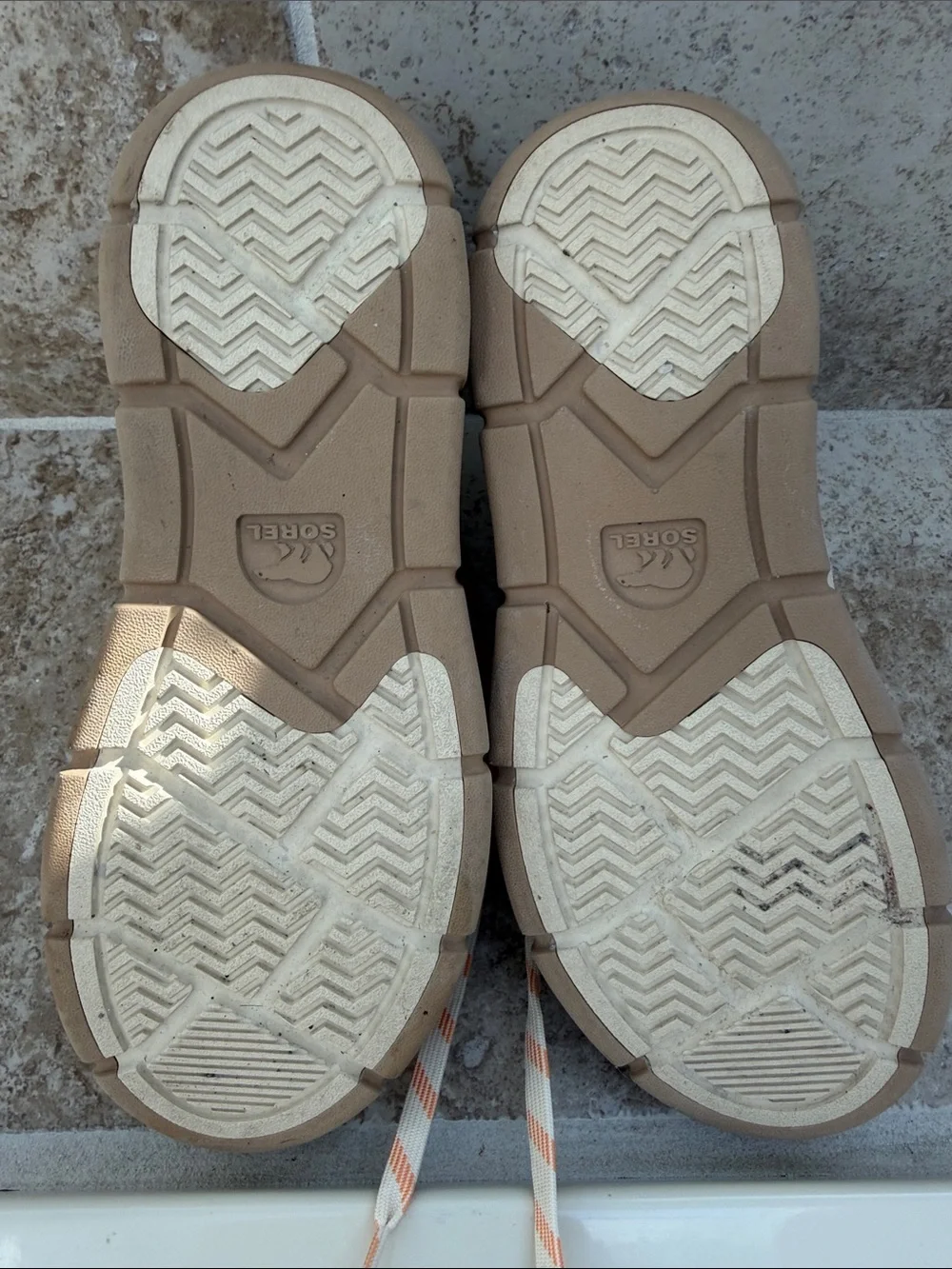 Sorel Cream Suede Sherpa Lace-Up Boots with Peach-Striped Laces